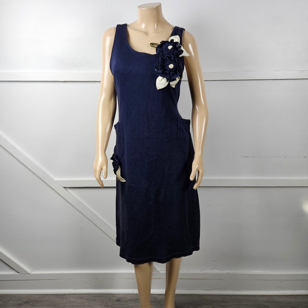 Potechino Navy Blue Cotton Knit Midi Dress 3D Floral Applique Japan Made